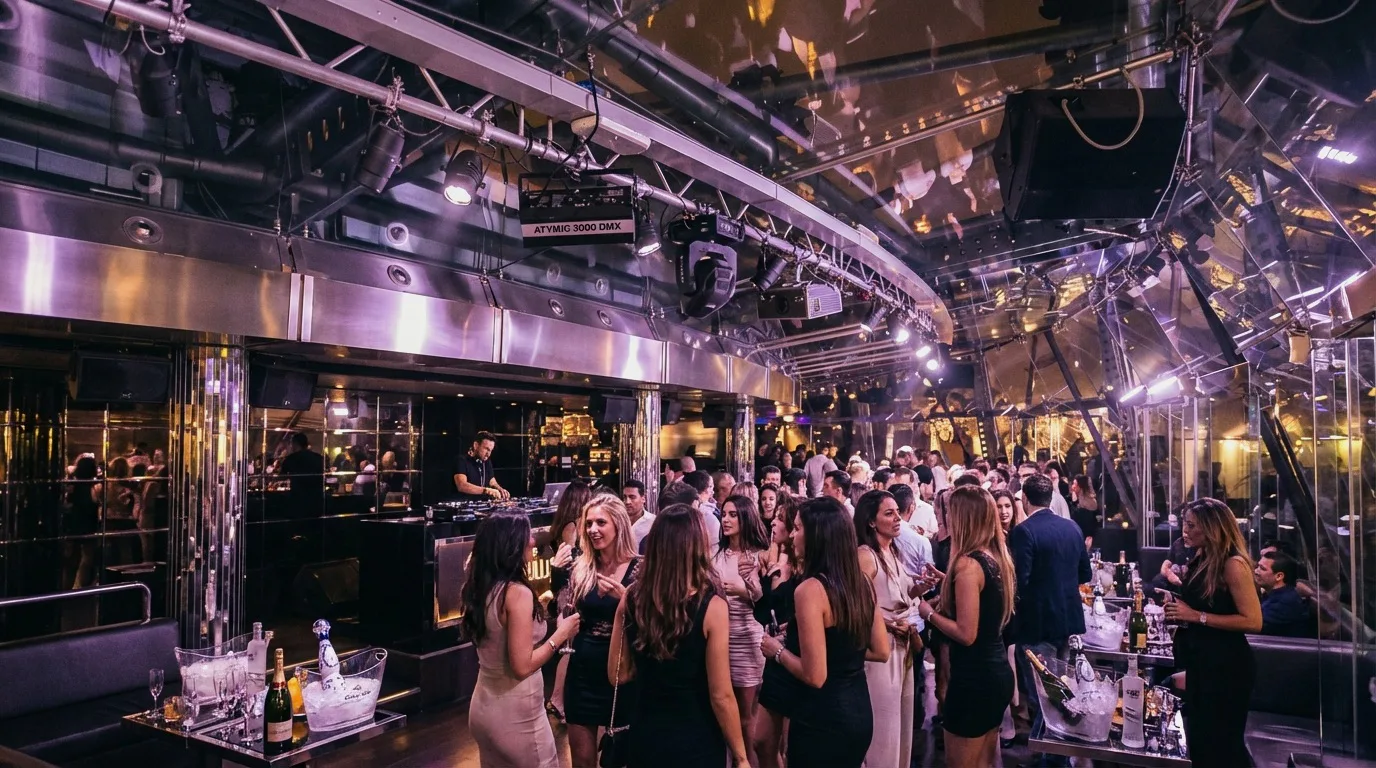 Nightclub seating area with tables and ambient lighting